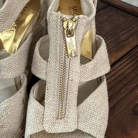 Michael Kors Beige Wedge Espadrille Sandals with Gold Zipper - Picture 6 of 7